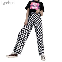 lychee harajuku plaid checkerboard women pants elastic waist casual loose full length wide leg pants