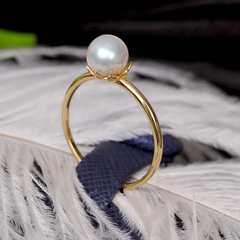 YS чистое 14k золото 6-6 5 мм белый натуральный японский Akoya жемчуг кольцо Свадебные