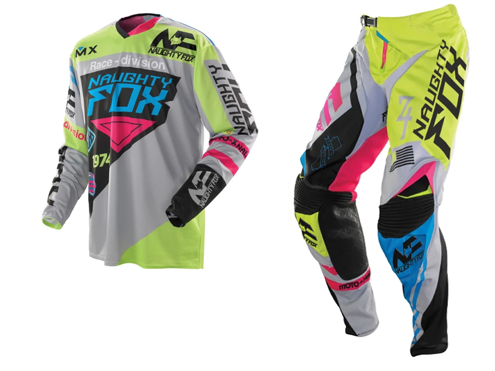 NAUGHTY Fox 360 MX набор передач для мотокросса ATV Dirt Bike Off-Road Racing gear Pant& Jersey Combo зеленый/серый