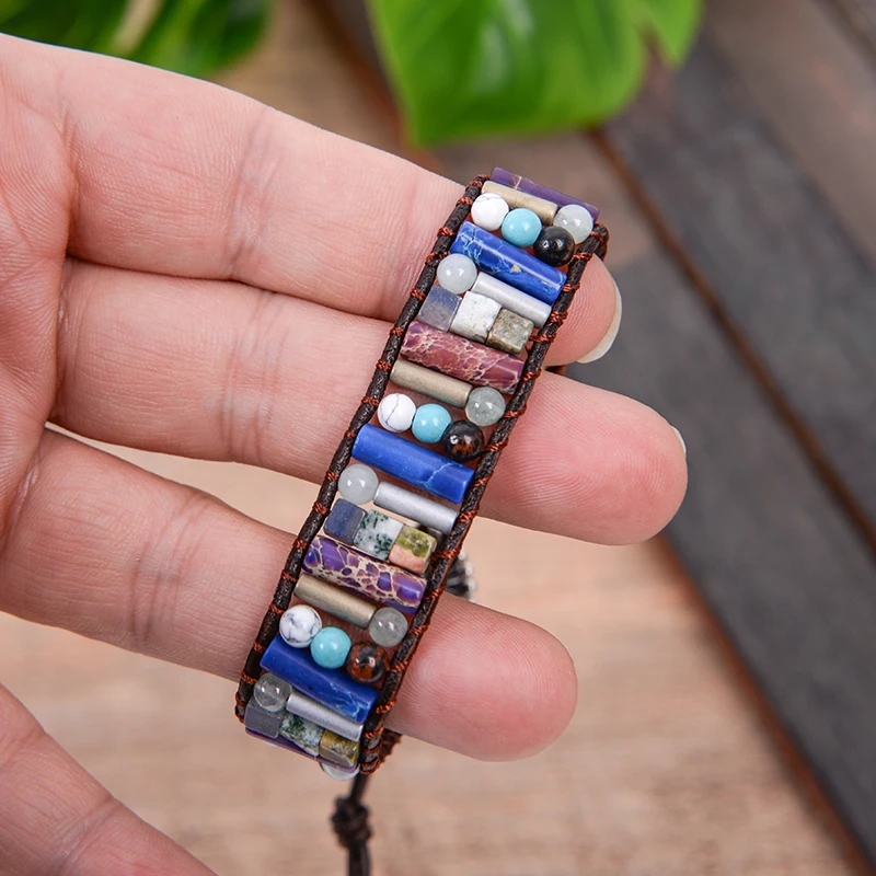 

Drop Shipping Women Boho Bracelet Tube Shape Natural Stone Single Leather Wrap Bracelet Semi Precious Stone Beaded Bracelet