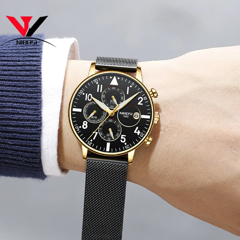 NIBOSI 2019 Топ Бренд роскошные часы мужские водонепроницаемые золотые кварцевые