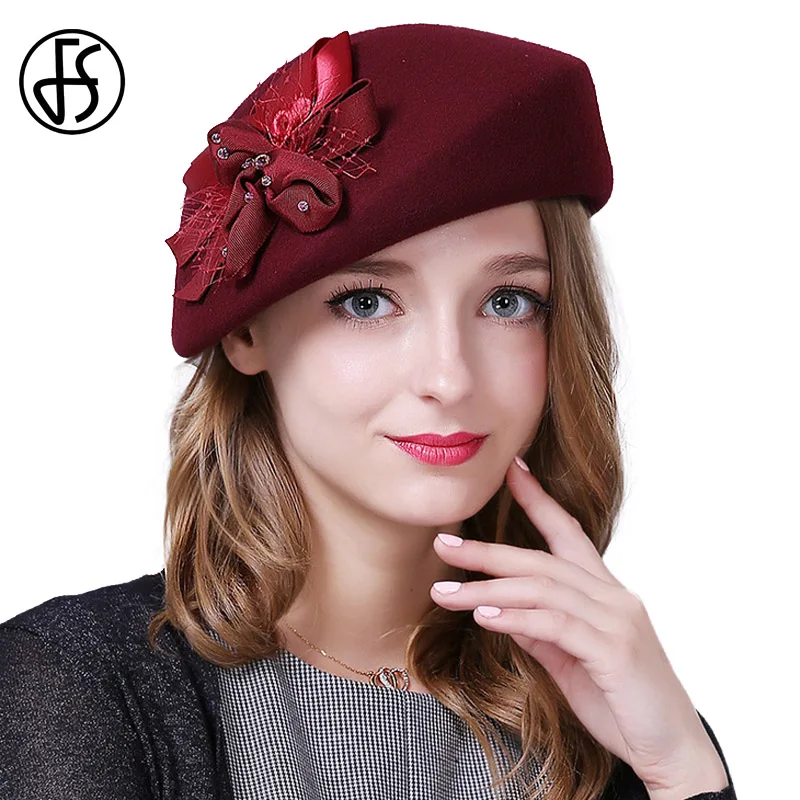 

FS Winter Women Hat Flowers Wool Pillbox Hat Wedding Fascinators And Hats For Ladies Elegant Red Black Berets Cap Church Dresses