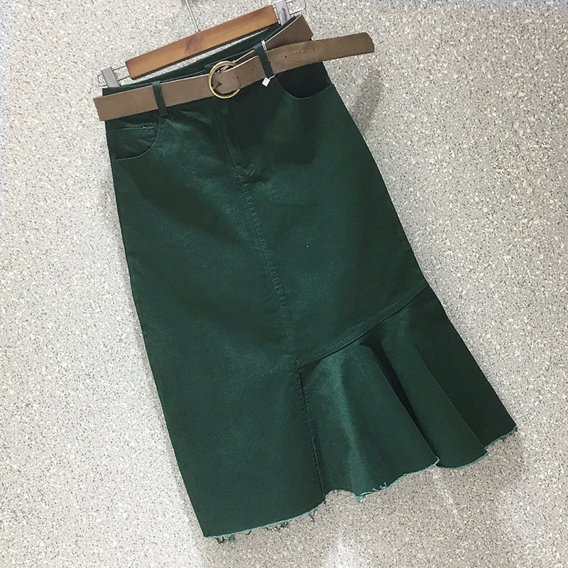 

Summer Korean Style Women High Waist Green Black Stretch Ruffled Trumpet Denim Skirt , Woman Clothes Womens Jean Mermaid Skirts