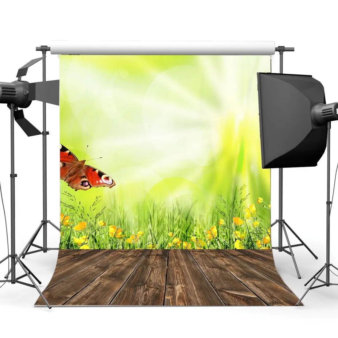 

Nature Spring Backdrop Butterfly Blooming Fresh Flowers Green Grass Blurry Wallpaper Field Wood Floor Photography Background