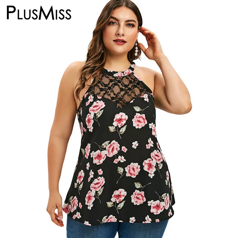 PlusMiss Plus Size 5XL Floral Printed Mesh Halter Cami Tops Women Clothing Big Camisole Sleeveless Summer Vest XXXXL XXXL | Женская
