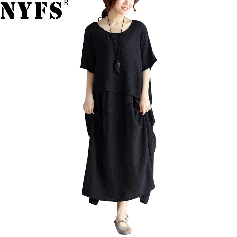 

Женское винтажное длинное платье NYFS, однотонное асимметричное свободное платье из хлопка и льна в китайском стиле, лето 2021