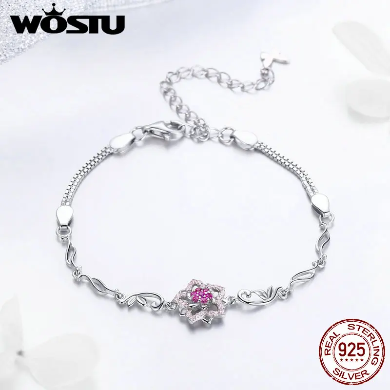 WOSTU, новинка,, 925 пробы, серебро, пять лепестков, розовый, персиковый цвет, цепочка и звенья, браслеты, Роскошные, настоящие ювелирные изделия, подарок DAB005