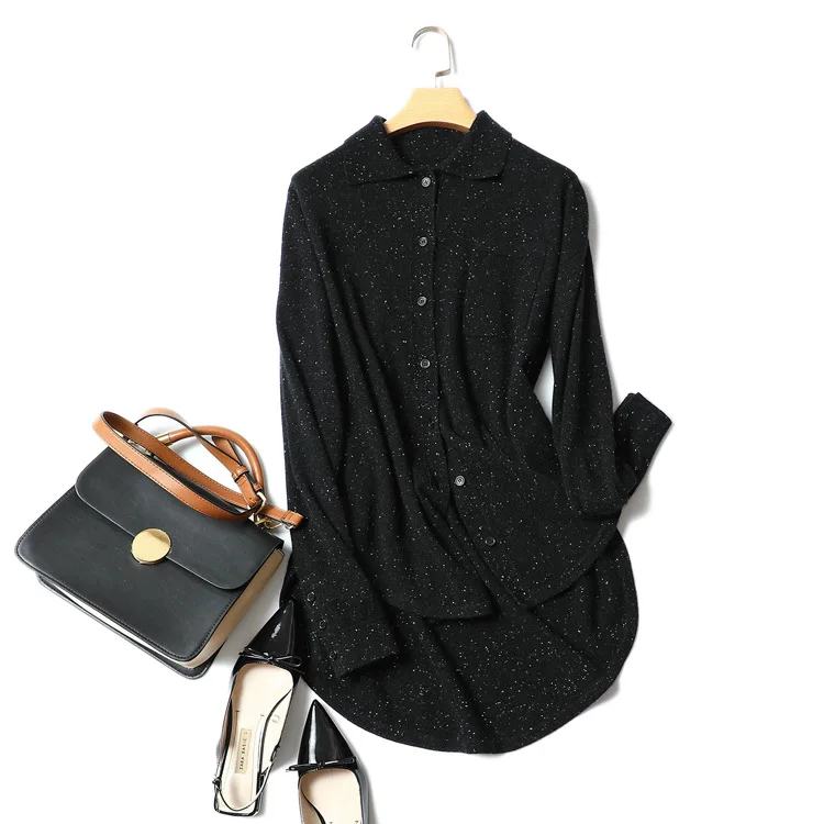 

Shuchan Cardigan For Women Single Breasted Asymmetry Woman Knitted Sweater Cashmere Turn-down Collar Long Sleeve Black 18165