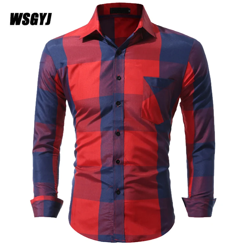 Клетчатая рубашка 2017 новая модная мужская повседневная приталенная с длинным