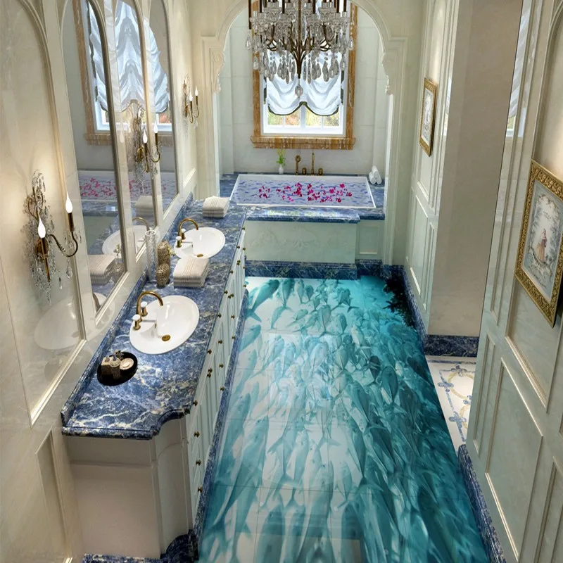 

Free Shipping Custom Sea World Blue Fish 3D Stereo waterproof Floor wallpaper mural