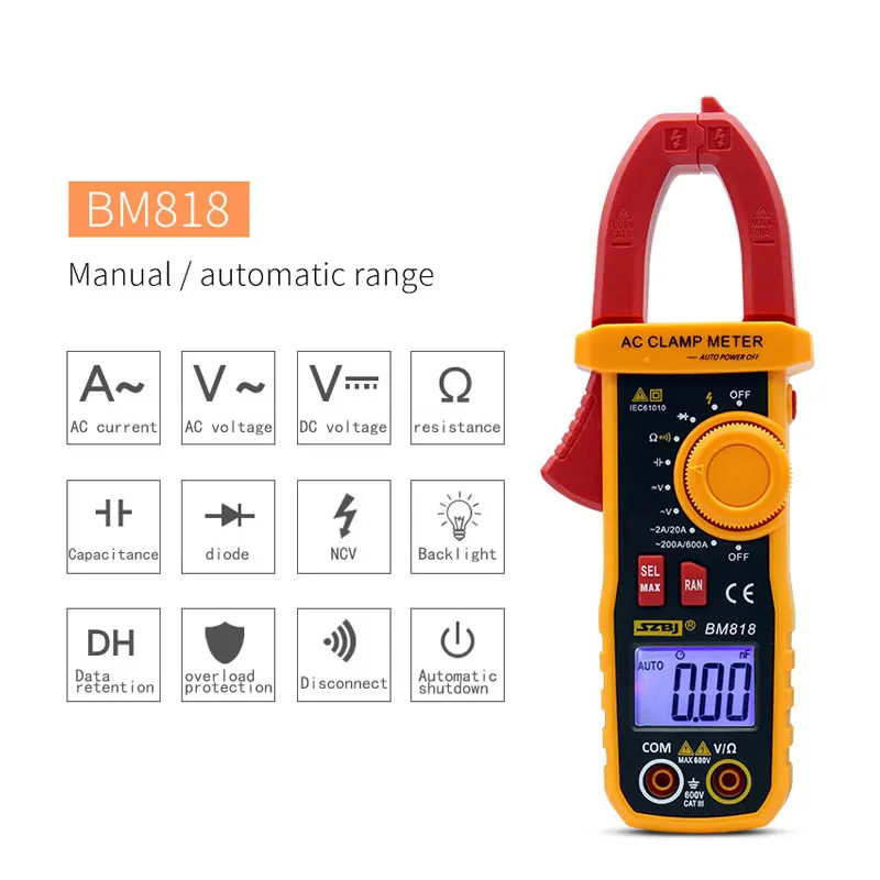 SZBJ BM818 BM819 Ammeter ACV/DCV ACA Auto Range Measurement of large capacitance NCV Digital clamp meter