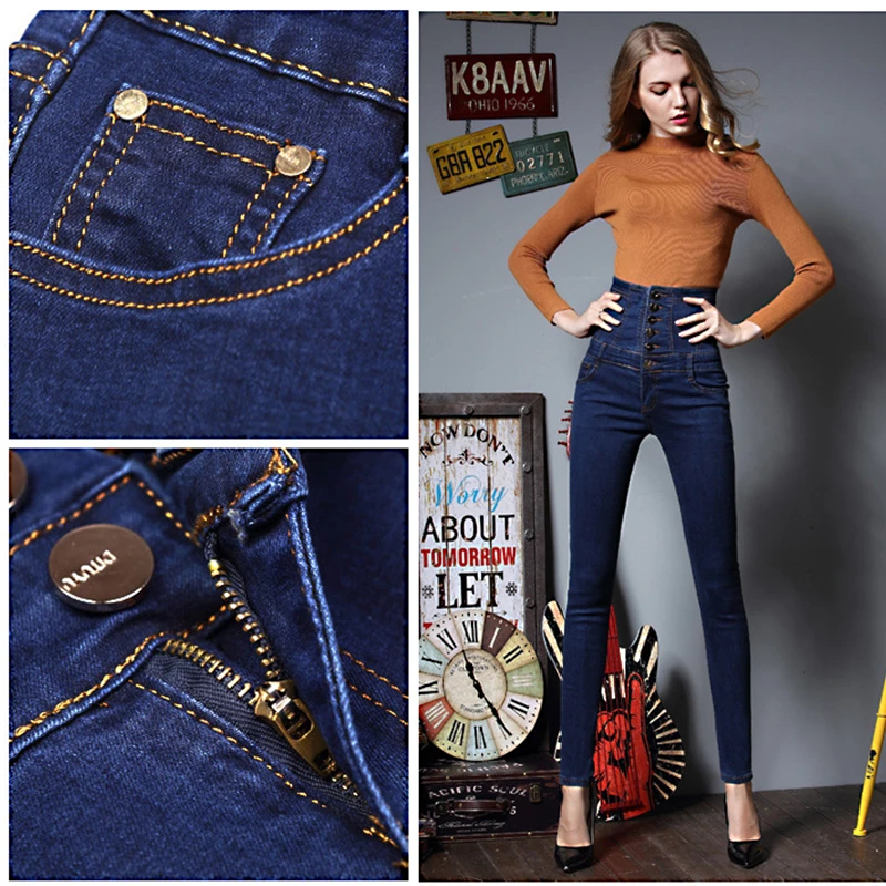 Женские джинсы с завышенной талией винтажные однобортные брюки-карандаш из