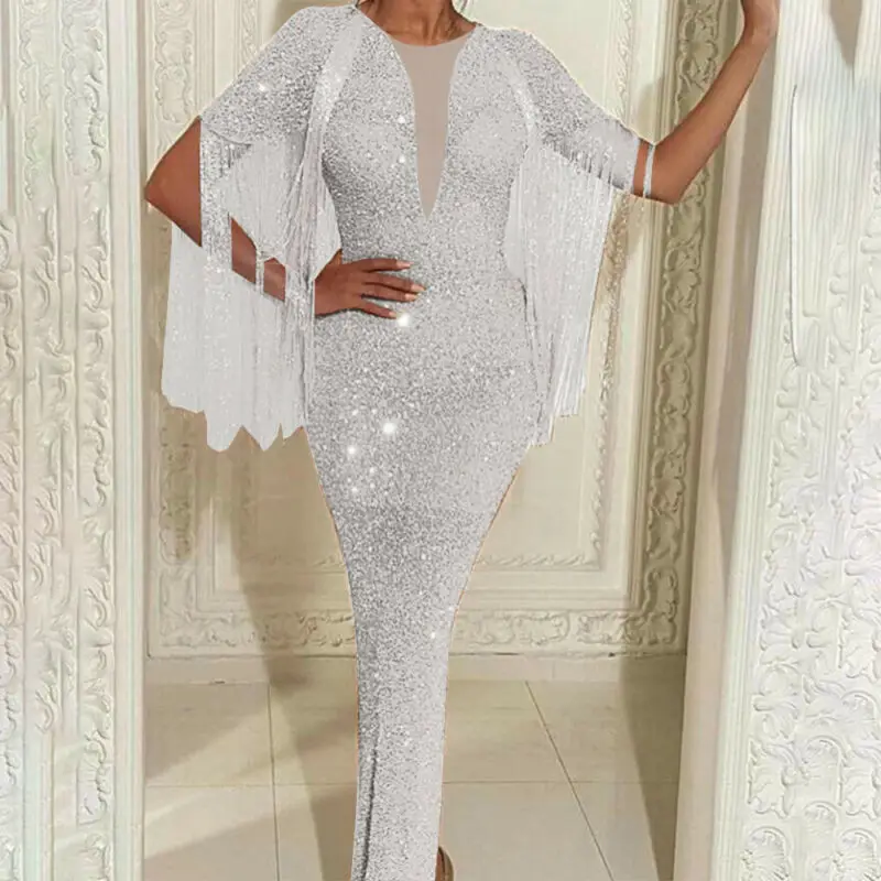 Women V-neck Bodycon Sequins Dresses 2019 New Tassel Bing Slim Glitter Elegant Ladies Party Formal Dress S-XL | Женская одежда