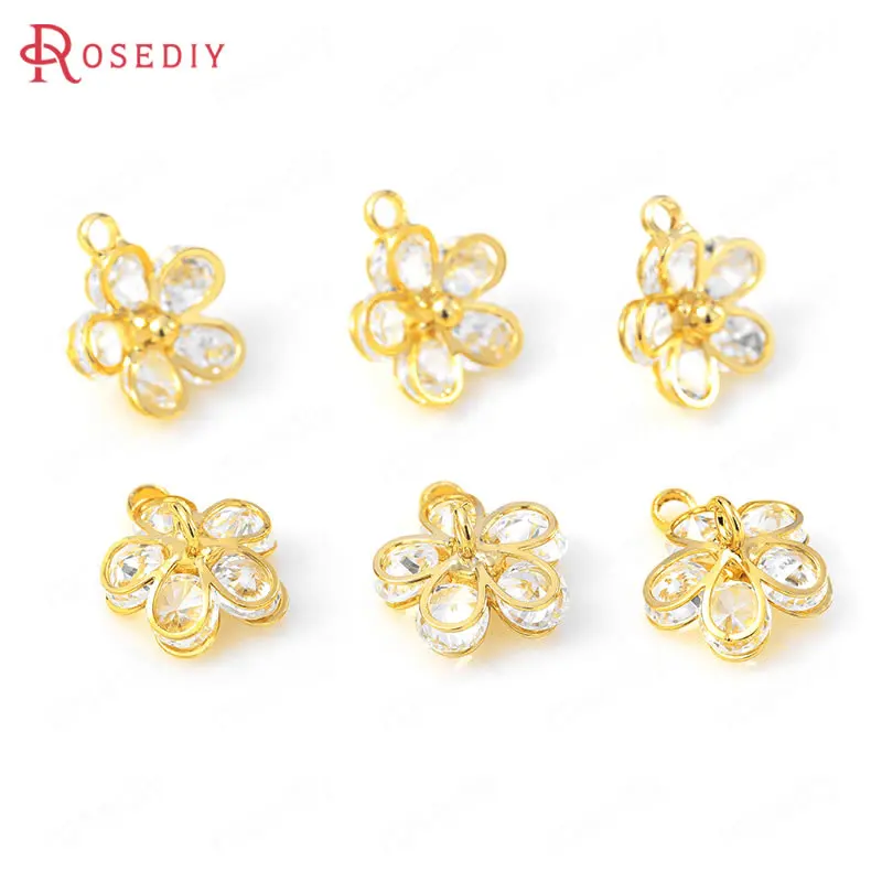 (35804)6 шт. 10x12 мм латунный и циркониевый цветок сливы цвета 24-каратного золота