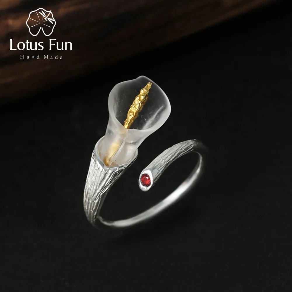 Lotus Fun, 925 пробы, серебряные кольца с регулируемым размером для женщин, Калла, цветок лилии, гранат, красный циркон, кристалл, массивное кольцо, хорошее ювелирное изделие