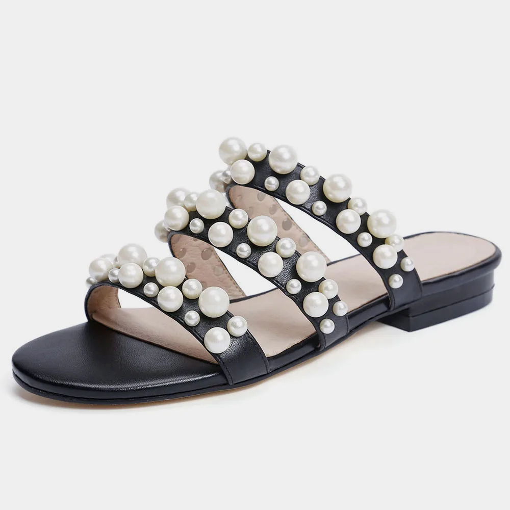 Qmn женщины натуральная кожа мулы из бисера плоский каблук летние тапочки