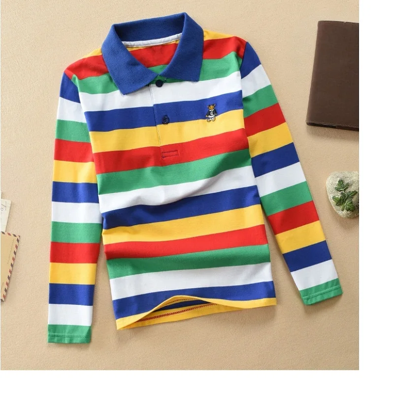 High quality 4-12 years old boy polo shirt long sleeve shirt lapel round neck striped solid color cotton T-shirt