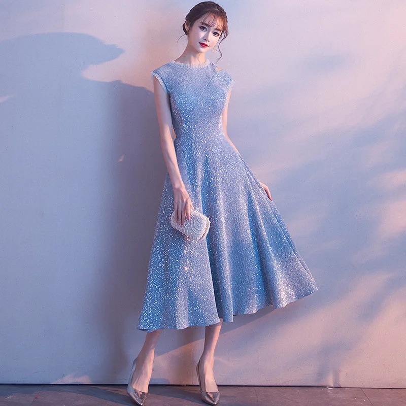 

Blue Sequins Chinese Oriental Wedding Women Sexy Cheongsam V-neck Evening Dress Elegant Princess Dresses Modern Qipao