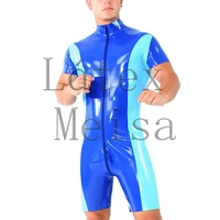 natural 0 4mm thickness latex bodysuit with front zip main in blue with sky blue trim color