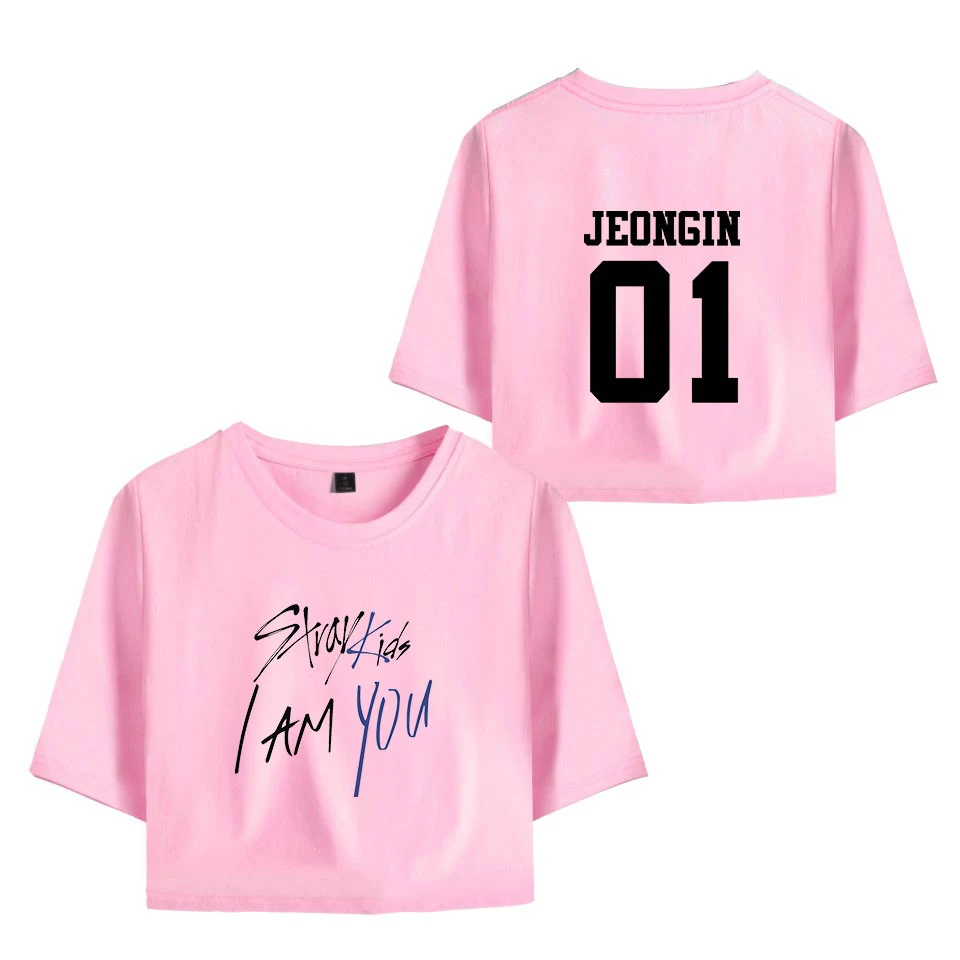 KELUOXIN Kpop StrayKids футболка с коротким рукавом I am YOU Album Crop Tops Женская Хип-хоп сексуальная открытая детская футболка с пупком - Цвет: Pink JEONGIN 01