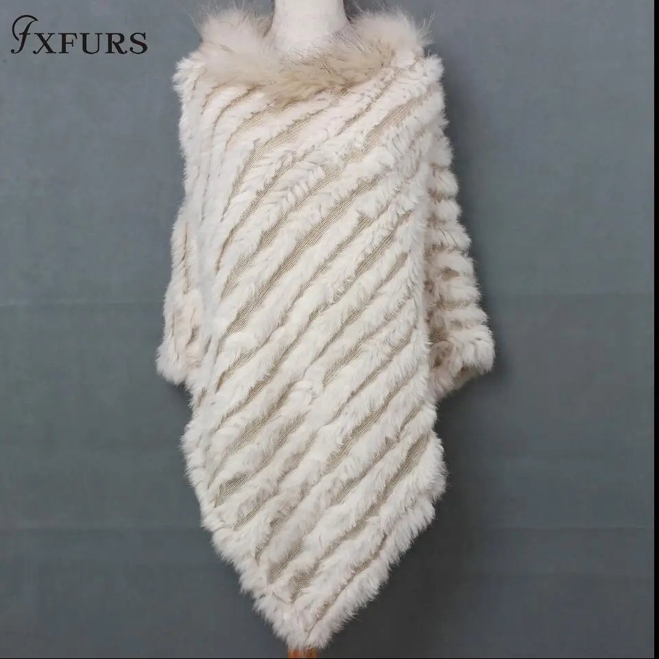 FXFURS, новинка, женский модный пуловер, вязаный, кроличий мех, енот, мех, пончо, накидка, натуральный мех, вязанный, Amic, палантины, треугольные шали, палантин - Цвет: beige