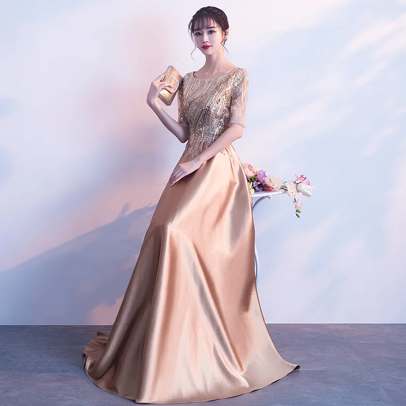 Женское длинное вечернее платье золотистое ТРАПЕЦИЕВИДНОЕ ПЛАТЬЕ с блестками