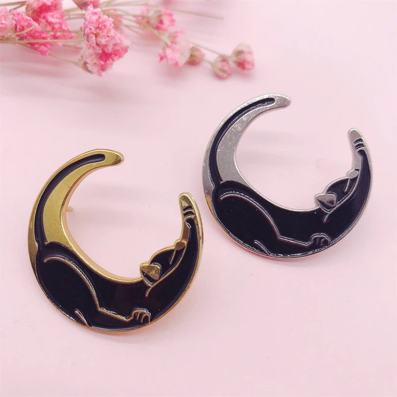 Креативный мультфильм животное кошка полумесяц эмаль брошь геометрический