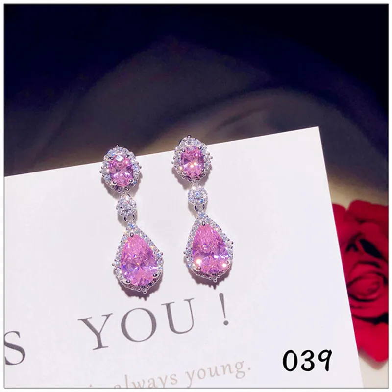 Серьги-капли из стерлингового серебра S925 пробы для женщин с розовым кубическим цирконием, длинные милые Винтажные серьги-капли для невесты на свадьбу, хорошее ювелирное изделие