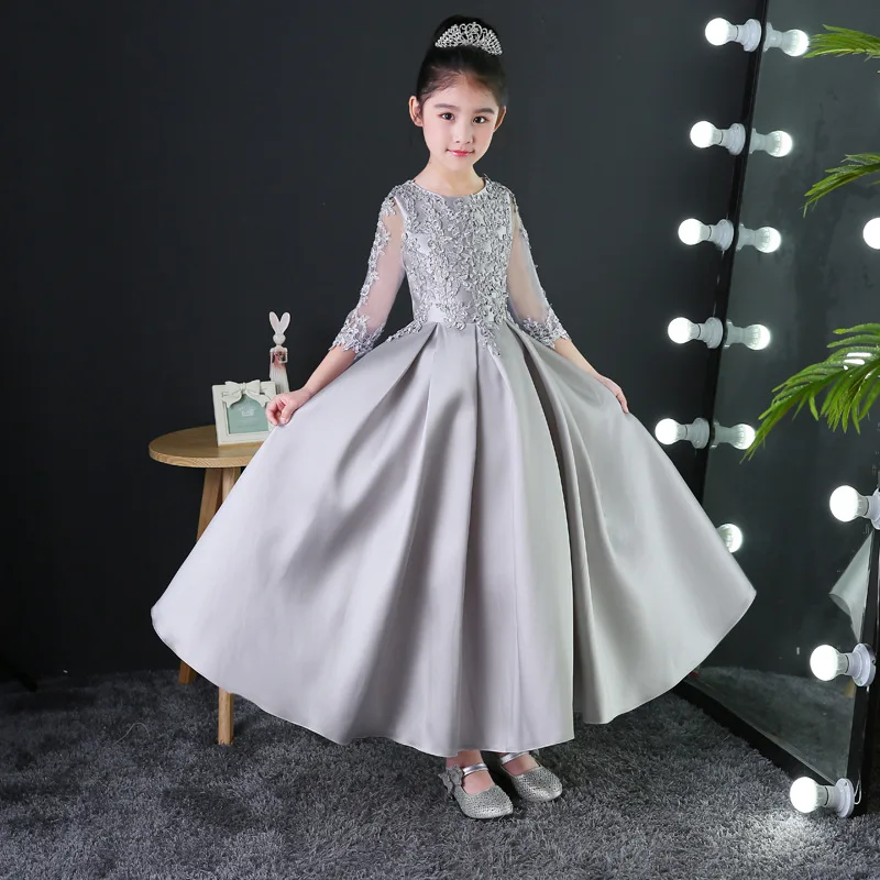 Princess dress toddler girls costumes evening formal prom silver pleat lace flower appliques party 2018 hollow out sleeves | Детская