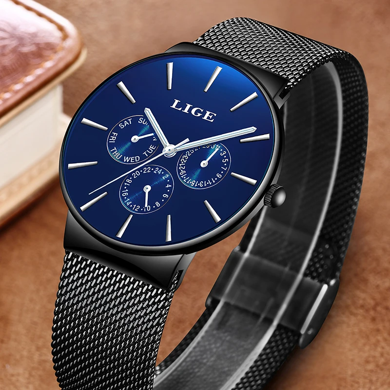 Часы наручные LIGE Мужские кварцевые модные повседневные водонепроницаемые