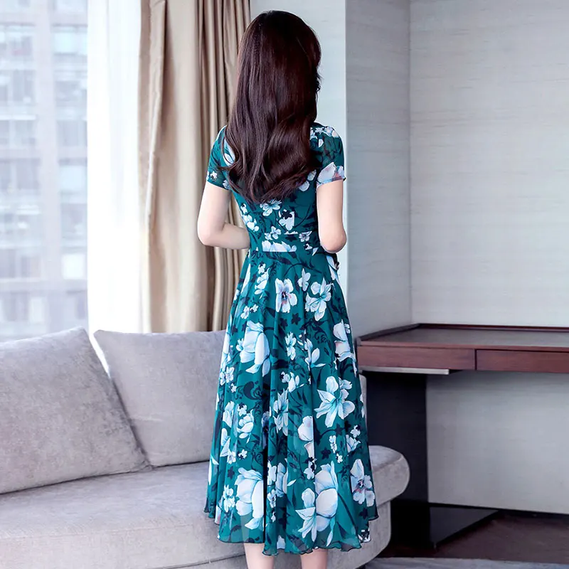 Women's Summer Dress 2019 New Printed Chiffon Dresses Slim Was Thin Bohemian Beach Female Round Neck Short Sleeve Vestidos G256 | Женская
