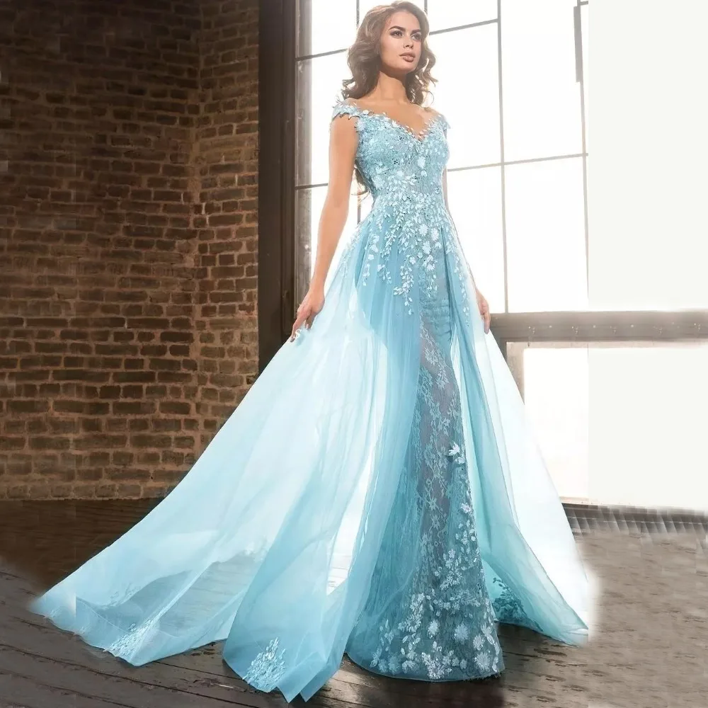 Светло-голубой цвет платье для выпускного бала Elie Saab прозрачное кружевное