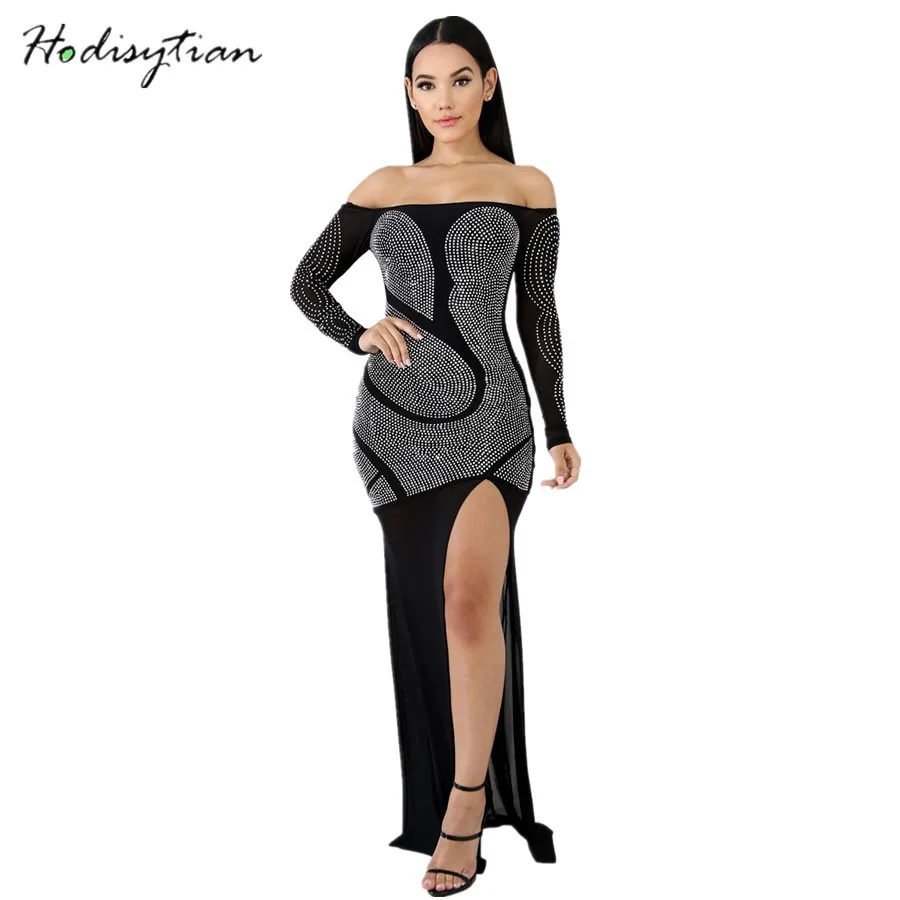 Hodisytian 2019 летнее платье для женщин со стразами стрейч Bodycon Slash шеи элегантный