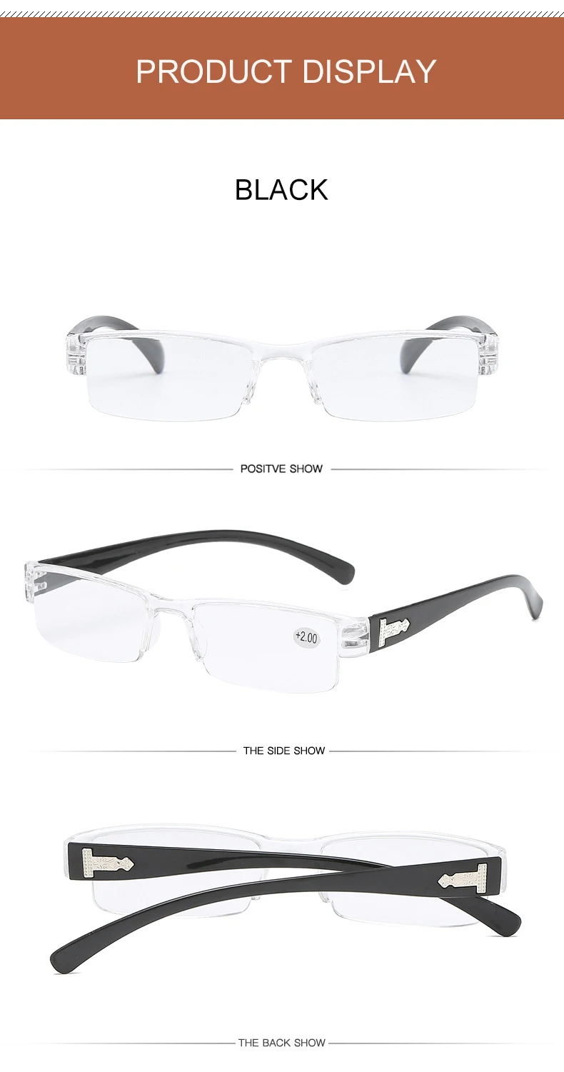 LS JOHN Korean Fashion Reading Glasses Men Women Clear Lens Half Frame Presbyopic Eyewear 1.0 1.5 2.0 2.5 3.0 3.5 4.0 for Reader