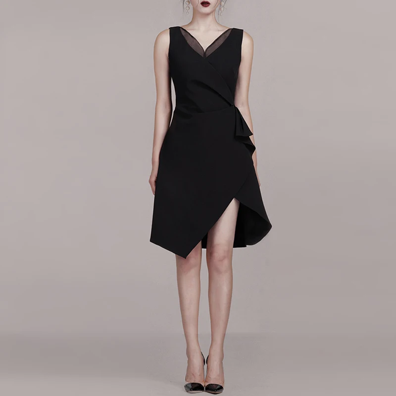 Женское офисное платье трапеция Max Spri асимметричное с V образным вырезом Сетчатое