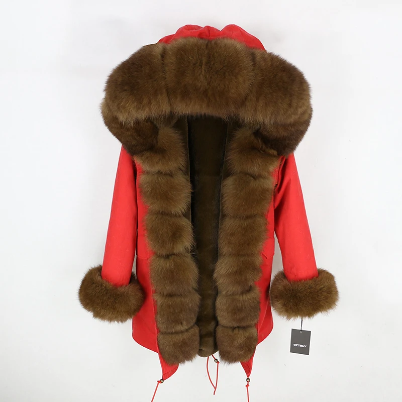 red dark brown Brand Real Fur Coat Fashion Winter Jacket Women Natural Real Fox Fur Collar Loose Long Parkas Big Fur Outerwear Detachable - Цвет: red dark brown