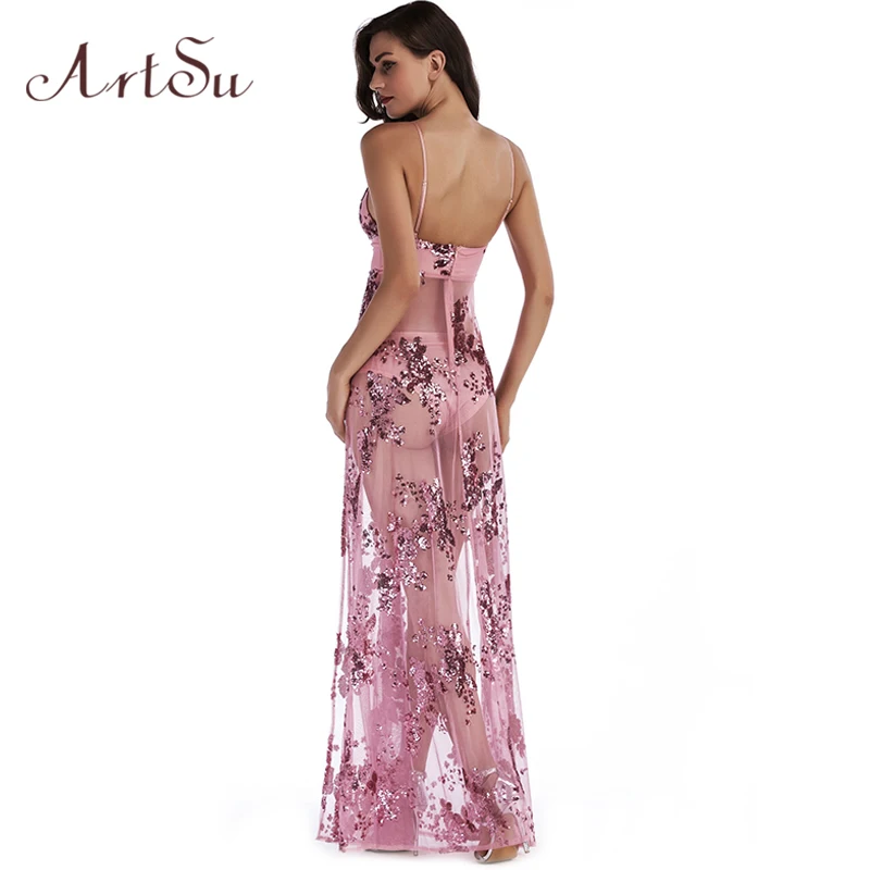 ArtSu модное женское Макси платье Vestido De Festa сексуальное прозрачное с открытой