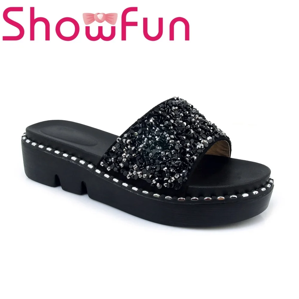 Showfun микрофибры обувь Летняя женская вне камуфляж bling на плоской платформе