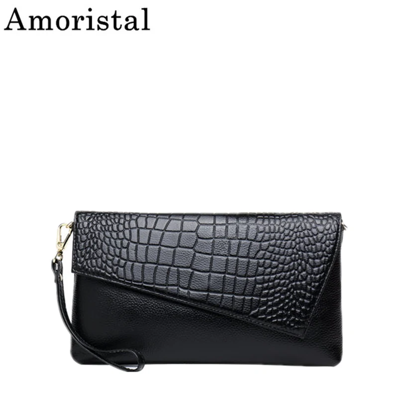 Genuine Leather Clutch Female Large Handbag Messenger Bag Fashion Lady Soft Crocodile Pattern Crossbody Black Commuting SY144 | Багаж и