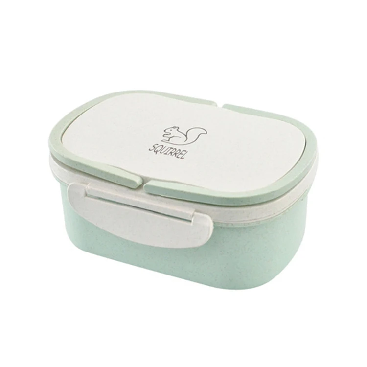 Green Baispo Microwavable ланч бокс Пшеничная солома мультфильм Bento коробка с ложкой Портативный контейнер для хранения еды для пикника офиса работы - Цвет: Green
