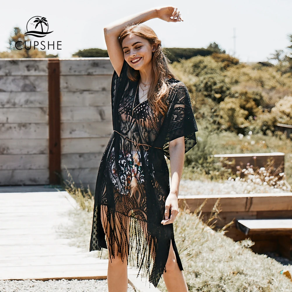 CUPSHE черная и белая кружевная накидка с рукавом летучая мышь кисточкой 2020 Летняя