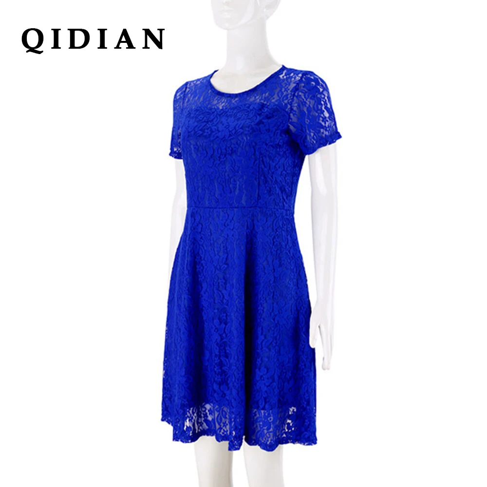 QI DIAN 6XL Plus Size Dress Fashion Women Elegant Sweet Hallow Out Lace Sexy Party Princess Slim Summer Dresses Vestidos | Женская