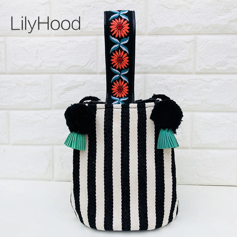 Женская Холщовая Сумка LilyHood черно белая полосатая сумка на плечо с помпонами и