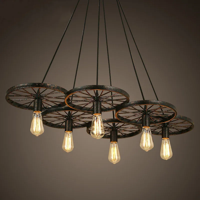

Vintage Loft Crative Pendant Light With LED Bulbs For Restaurant Bar American Country Style Iron The Wheels Shape Lamps