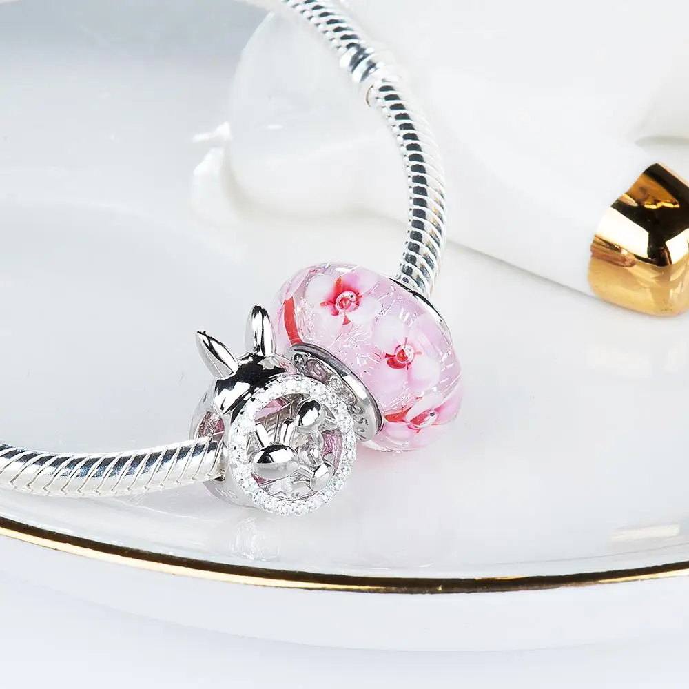 Милый кролик большой розовый циркон бусины из стерлингового серебра 925 пробы