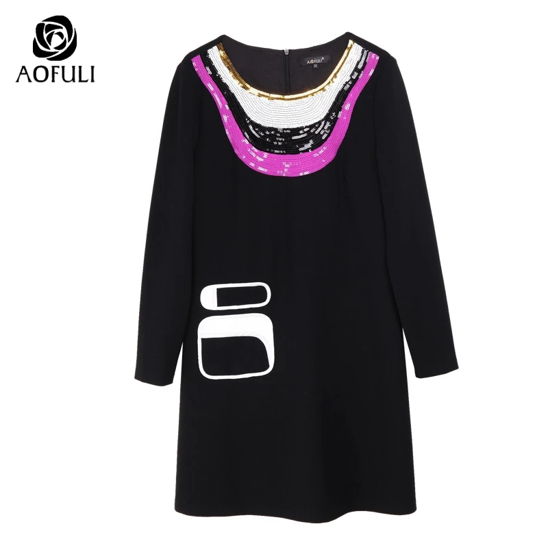 AOFULI S Xxxl 4xl 5xl дамское черное платье большого размера весеннее расшитое блестками