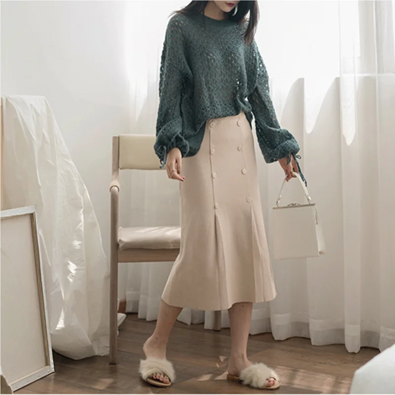 

2019 Spring New Arrival Chic Double Breasted Knitted Faldas Largas Elegantes High Waist Office Skirts Womens clothes