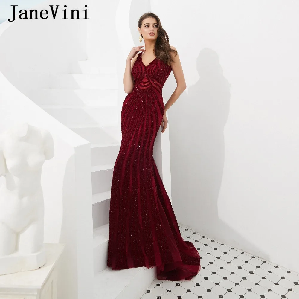 JaneVini Длинные Выпускные платья Burgundy Robe De Gala сексуальный v-образный вырез роскошный Бисер Тюль развертки Поезд Формальные Вечерние платья