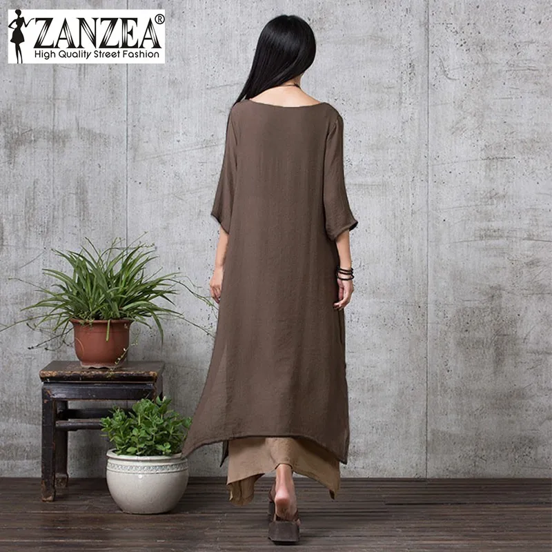 ZANZEA, 9 цветов,, летнее платье, женское, повседневное, свободное, Vestidos, хлопок, лен, длинное платье, макси, платье, рубашка, Ретро стиль, размера плюс