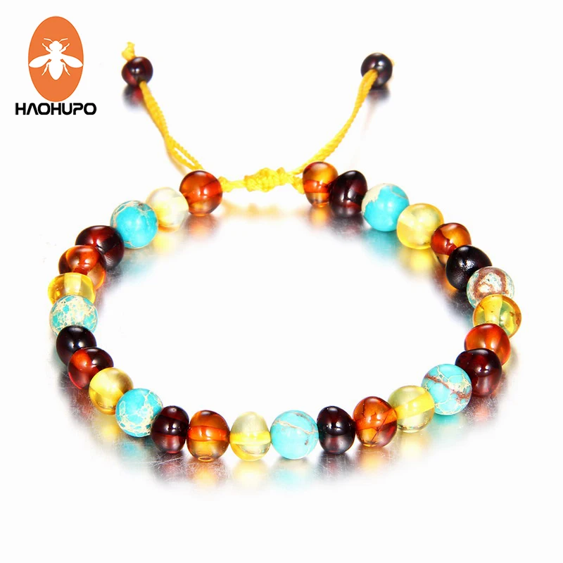 HAOHUPO Natural Amber Bracelet with Turquiose Braided Bracelets Adjustable Jewelry Handmade Fancy Multi Anklet for Baby Women